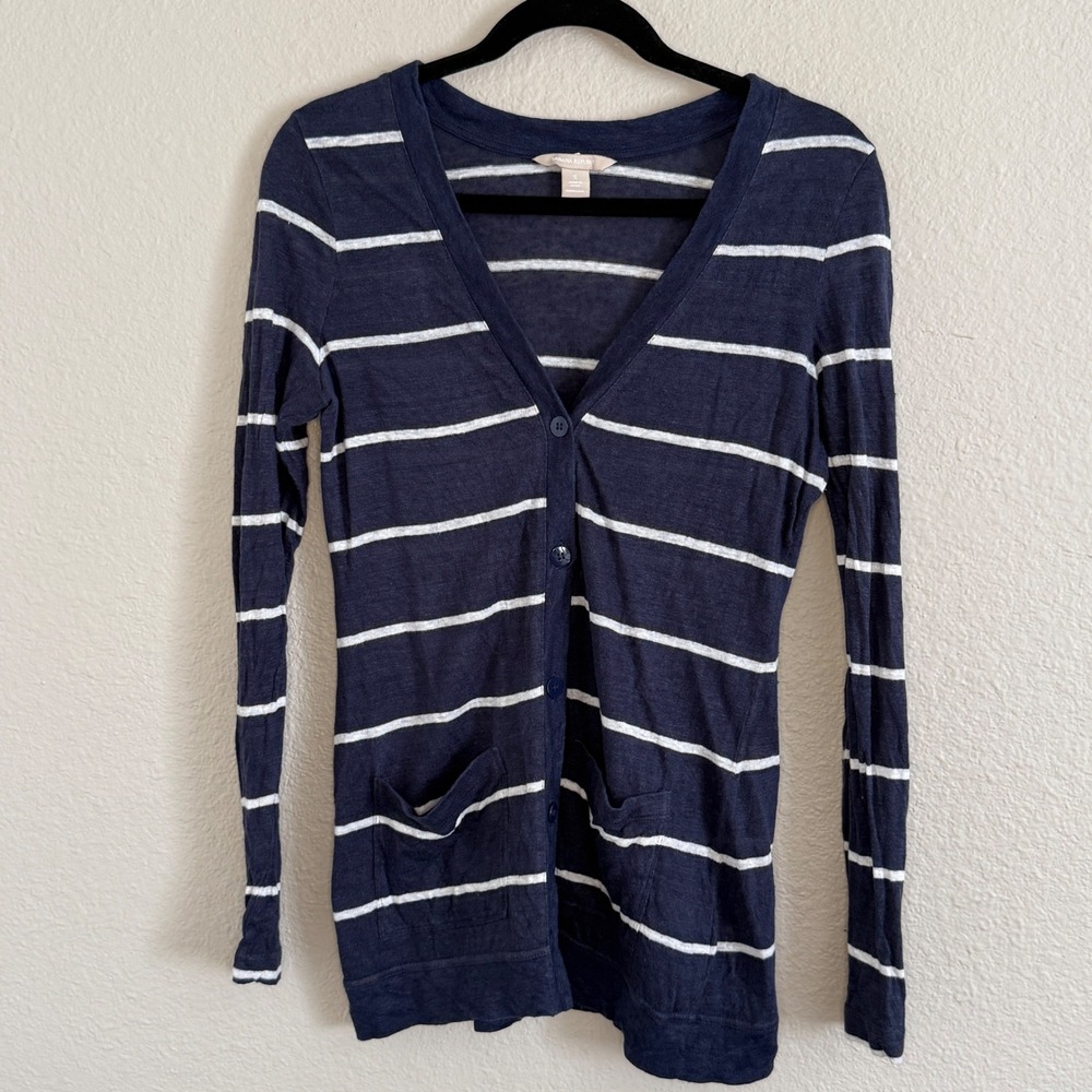 Womens Small Navy Striped Linen Cardigan‎ Sweater Coastal Nautical Preppy Sailor